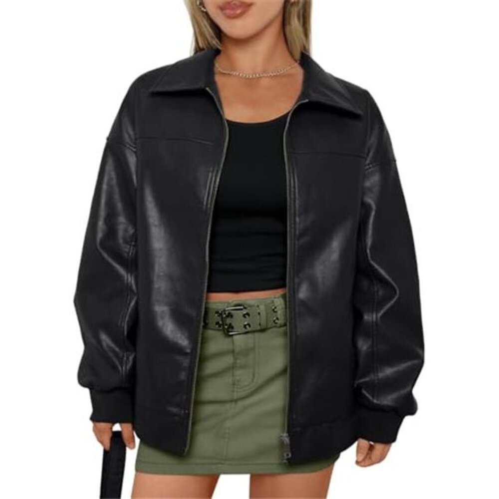 Womens Oversized Faux Leather Jacket Zip Up Moto Bomber Coat